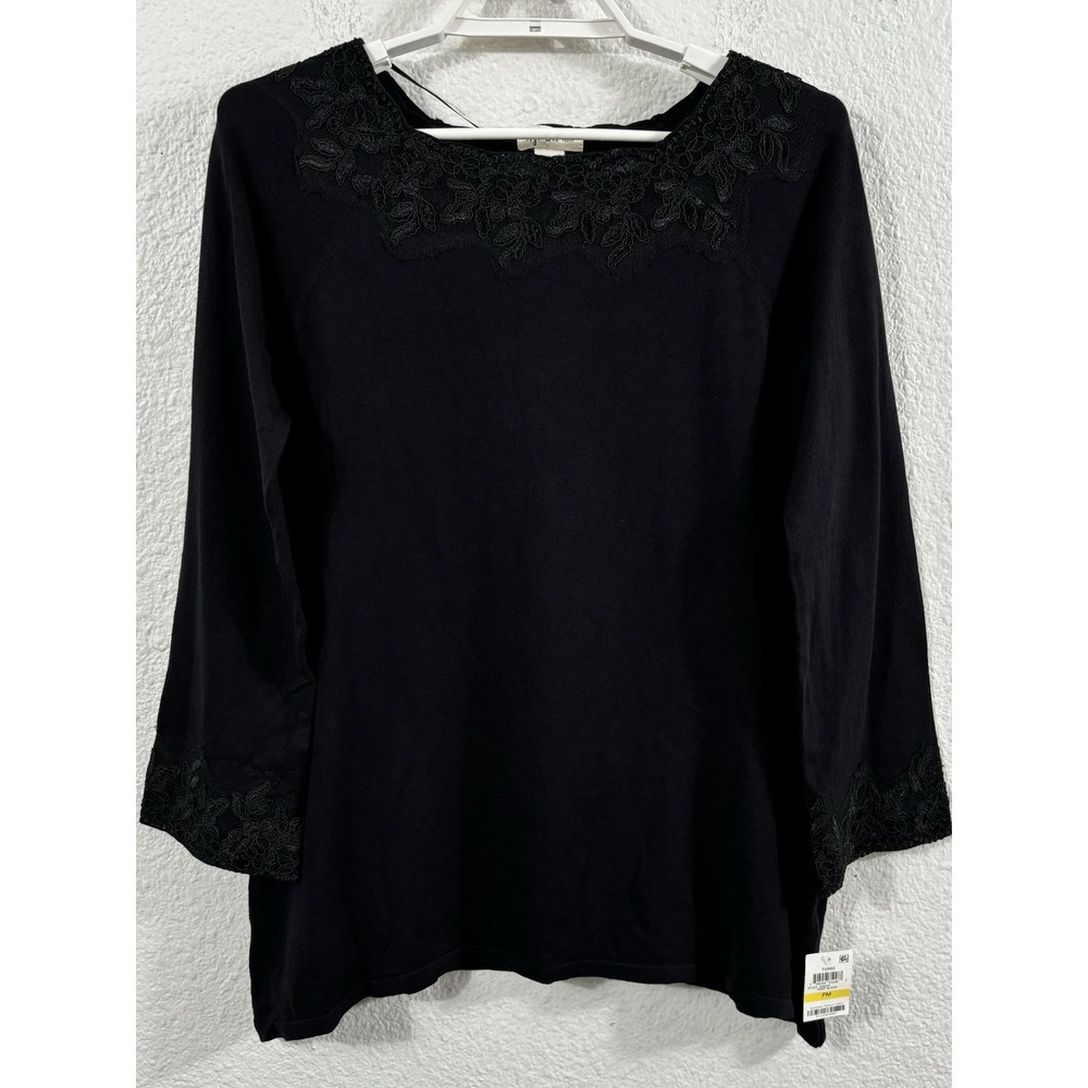 Style‎ & Co Shirt Womens Petite Medium Black Tunic Knit Long Sleeve Embroidered